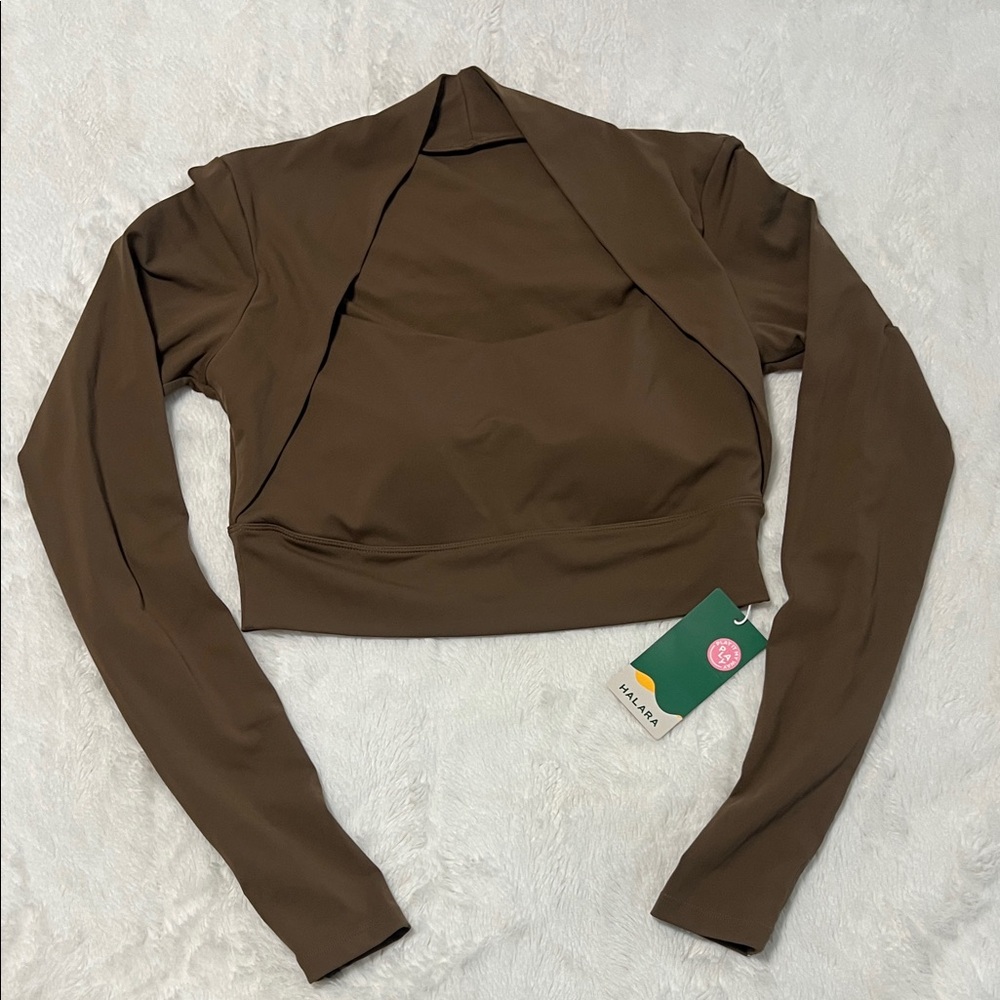 HALARA Chocolate Brown Long Sleeve Cropped Wrap Top